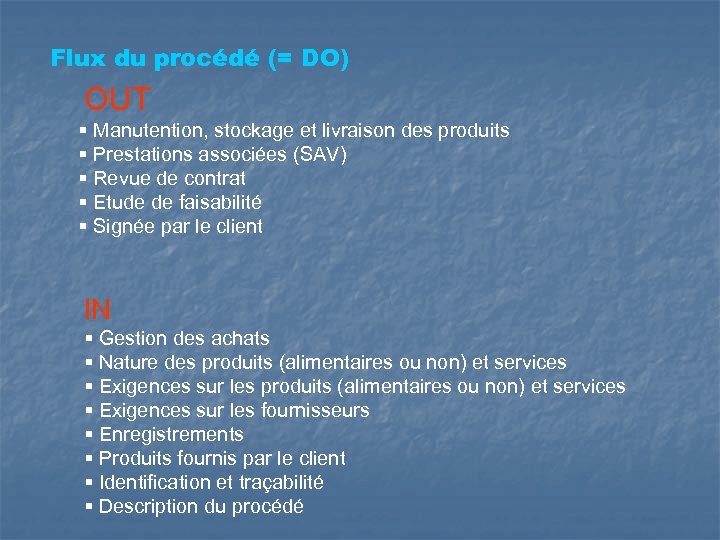 Flux du procédé (= DO) OUT § Manutention, stockage et livraison des produits §