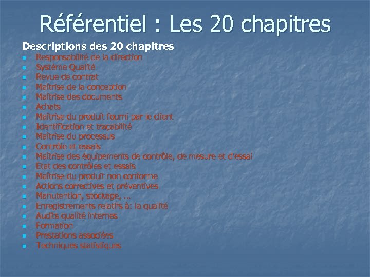 Référentiel : Les 20 chapitres Descriptions des 20 chapitres n n n n n