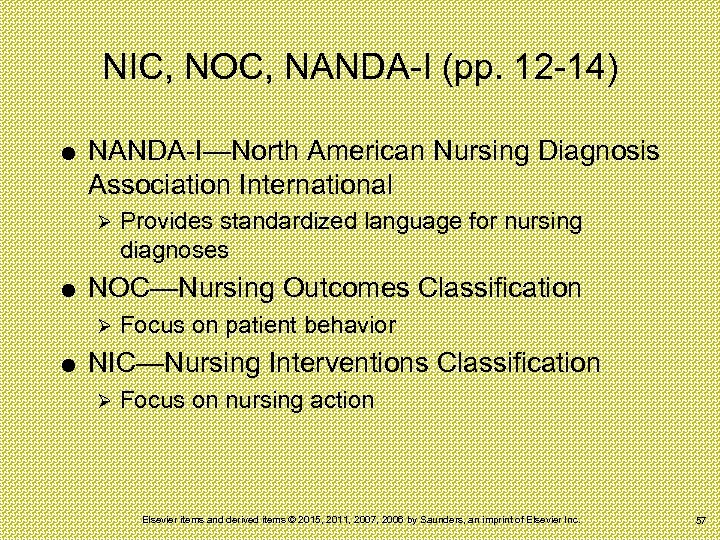 NIC, NOC, NANDA-I (pp. 12 -14) NANDA-I—North American Nursing Diagnosis Association International Ø NOC—Nursing