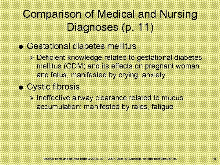 Comparison of Medical and Nursing Diagnoses (p. 11) Gestational diabetes mellitus Ø Deficient knowledge