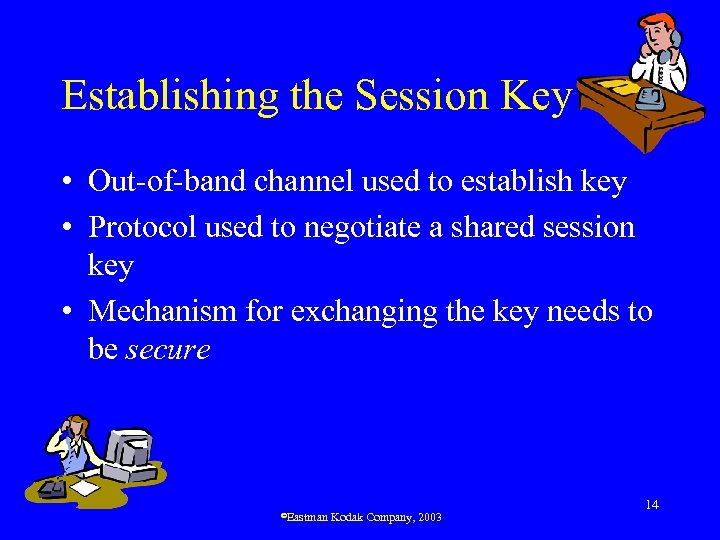 Establishing the Session Key • Out-of-band channel used to establish key • Protocol used