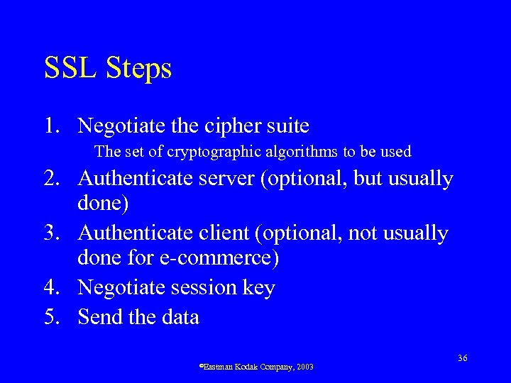 SSL Steps 1. Negotiate the cipher suite The set of cryptographic algorithms to be