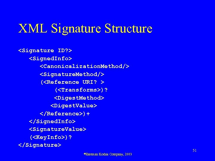 XML Signature Structure <Signature ID? > <Signed. Info> <Canonicalization. Method/> <Signature. Method/> (<Reference URI?