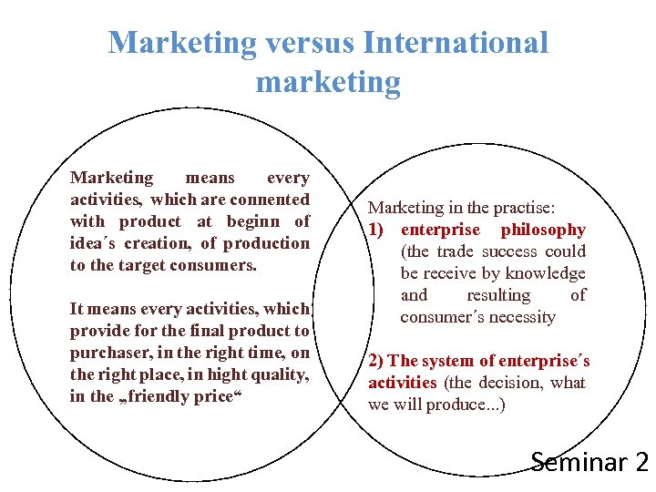 Marketing versus International marketing Marketing means every activities, which are connented with product at