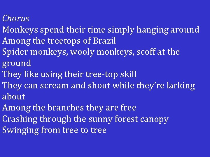  Chorus Monkeys spend their time simply hanging around Among the treetops of Brazil
