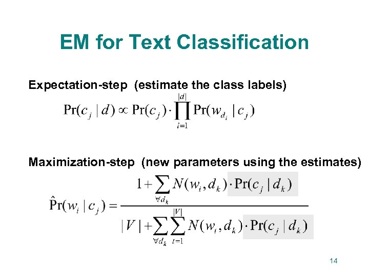 EM for Text Classification Expectation-step (estimate the class labels) Maximization-step (new parameters using the