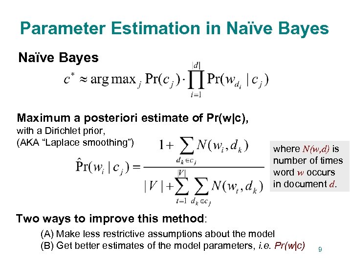 Parameter Estimation in Naïve Bayes Maximum a posteriori estimate of Pr(w|c), with a Dirichlet