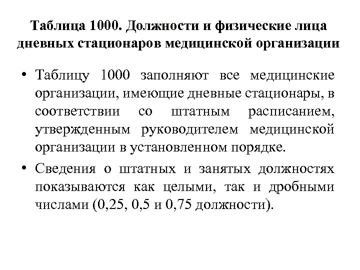 Таблица 1000. Должности и физические лица дневных стационаров медицинской организации • Таблицу 1000 заполняют