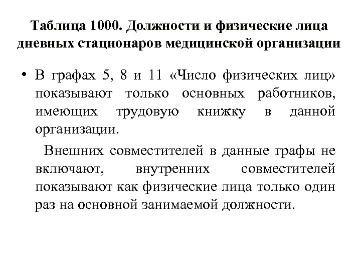 Таблица 1000. Должности и физические лица дневных стационаров медицинской организации • В графах 5,