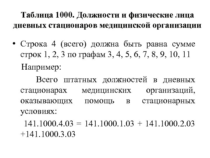 Таблица 1000. Должности и физические лица дневных стационаров медицинской организации • Строка 4 (всего)