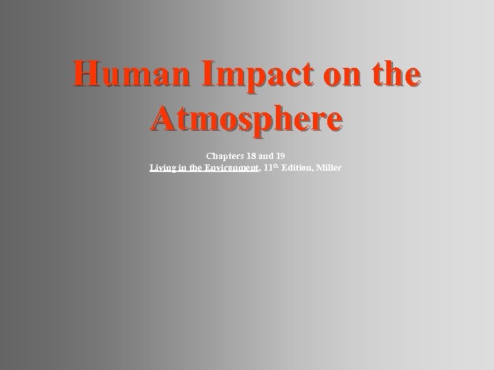 Human Impact on the Atmosphere Chapters 18 and 19 Living in the Environment, 11