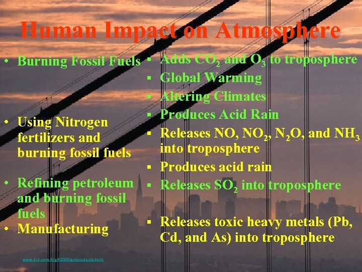 Human Impact on Atmosphere • Burning Fossil Fuels § Adds CO 2 and O