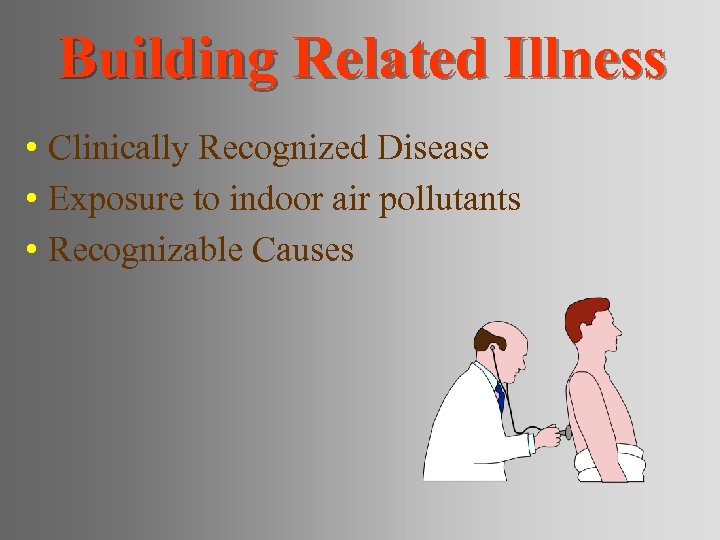 Building Related Illness • Clinically Recognized Disease • Exposure to indoor air pollutants •