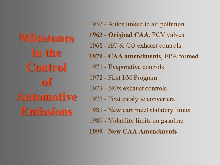 1952 - Autos linked to air pollution Milestones in the Control of Automotive Emissions