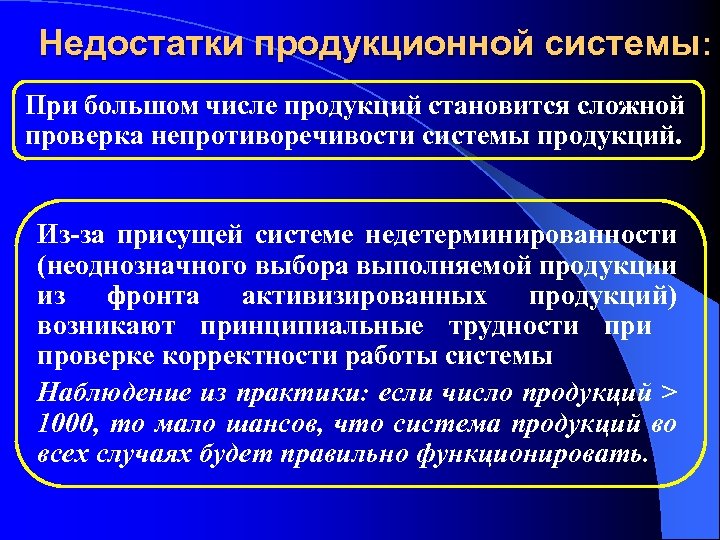 Недостатки продукционной системы: При большом числе продукций становится сложной проверка непротиворечивости системы продукций. Из-за