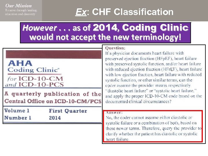 Ex: CHF Classification However. . . as of 2014, Coding Clinic would not accept