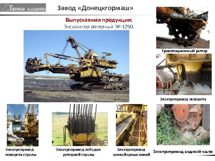 Завод «Донецкгормаш» Выпускаемая продукция: Экскаватор роторный ЭР-1250. Гравитационный ротор Электропривод поворота стрелы Электропривод лебедки