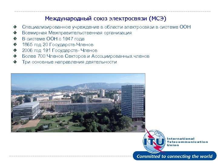 Международный союз электросвязи (МСЭ) Специализированное учреждение в области электросвязи в системе ООН Всемирная Межправительственная
