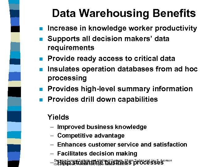 Data Warehousing Benefits n n n Increase in knowledge worker productivity Supports all decision