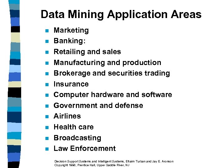 Data Mining Application Areas n n n Marketing Banking: Retailing and sales Manufacturing and