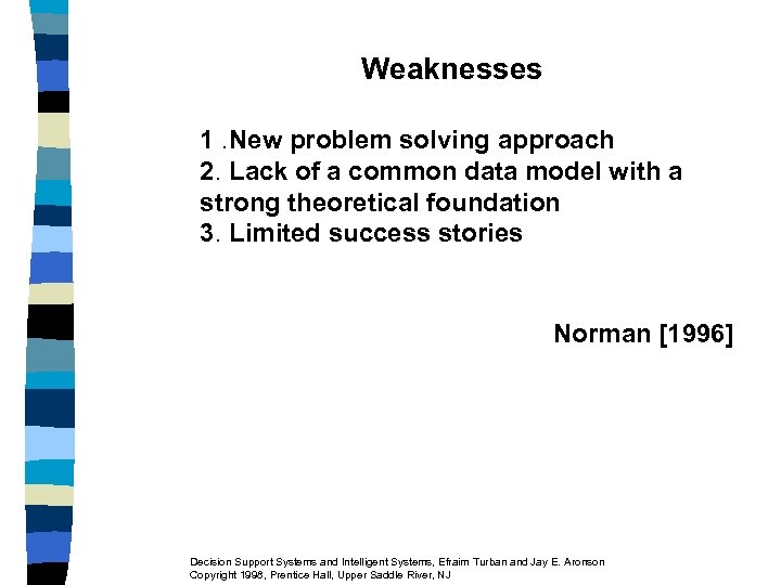Weaknesses 1. New problem solving approach 2. Lack of a common data model with