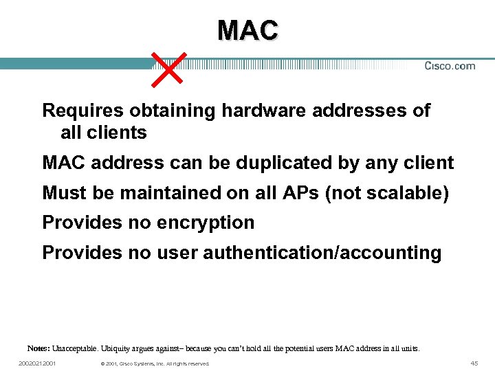 MAC Requires obtaining hardware addresses of all clients MAC address can be duplicated by