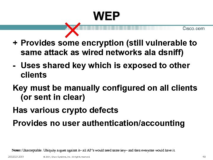 WEP + Provides some encryption (still vulnerable to same attack as wired networks ala