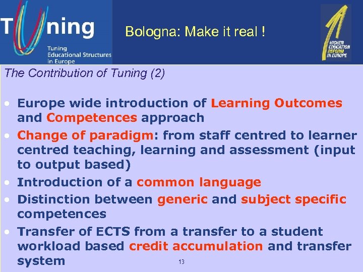 Bologna: Make it real ! The Contribution of Tuning (2) • Europe wide introduction