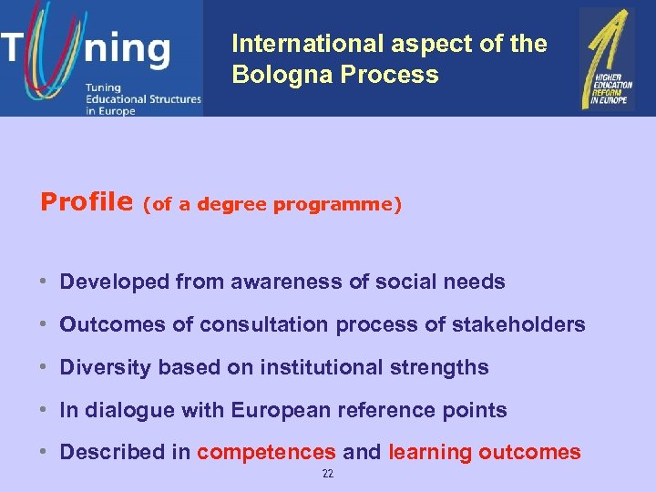 International aspect of the Bologna Process Profile (of a degree programme) • Developed from