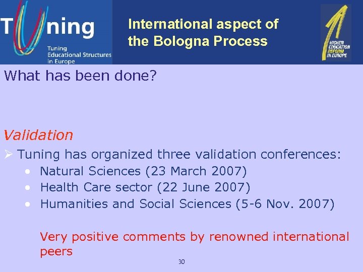 International aspect of the Bologna Process What has been done? Validation Ø Tuning has