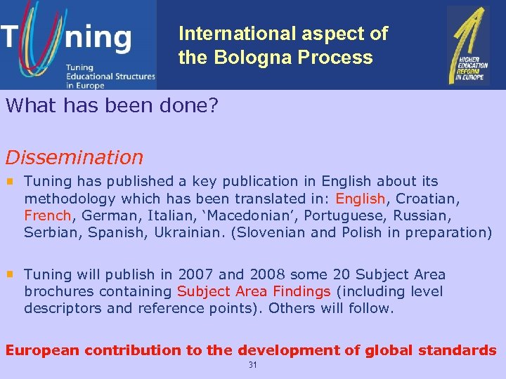 International aspect of the Bologna Process What has been done? Dissemination Tuning has published