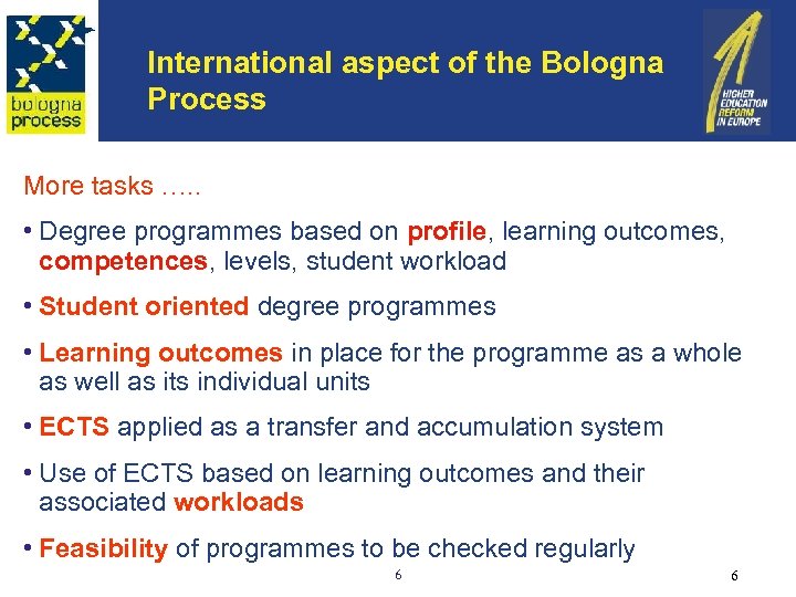 International aspect of the Bologna Process More tasks …. . • Degree programmes based