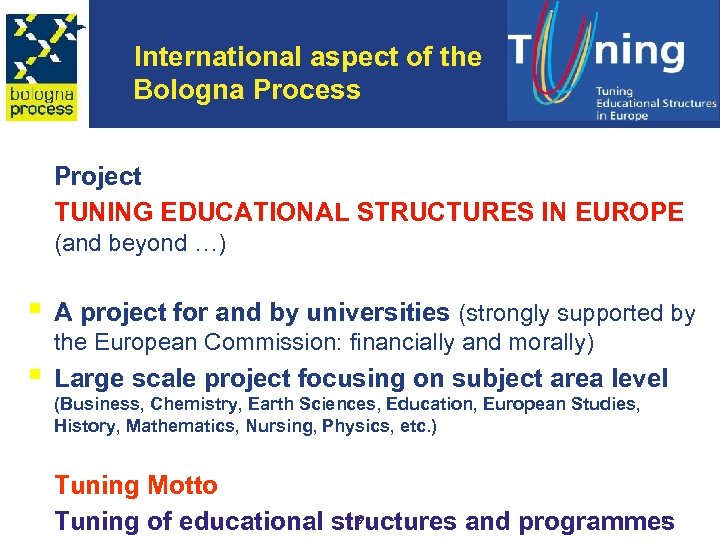 International aspect of the Bologna Process Project TUNING EDUCATIONAL STRUCTURES IN EUROPE (and beyond