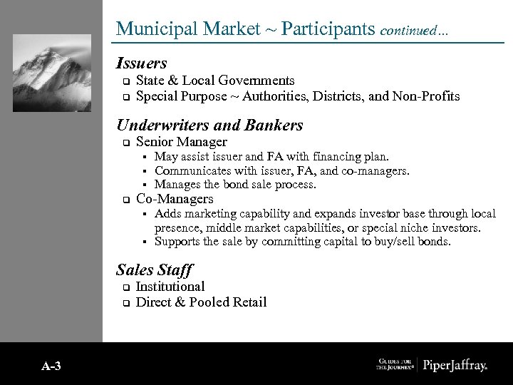 Municipal Market ~ Participants continued… Issuers q q State & Local Governments Special Purpose