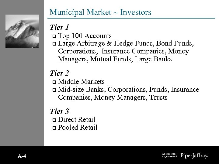 Municipal Market ~ Investors Tier 1 Top 100 Accounts q Large Arbitrage & Hedge