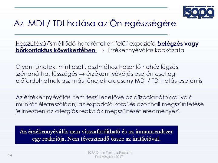Az MDI / TDI hatása az Ön egészségére Hosszútávú/ismétlődő határértéken felüli expozíció belégzés vagy