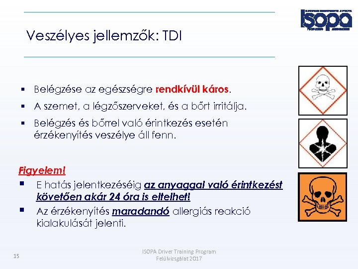 Veszélyes jellemzők: TDI Belégzése az egészségre rendkívül káros. A szemet, a légzőszerveket, és a