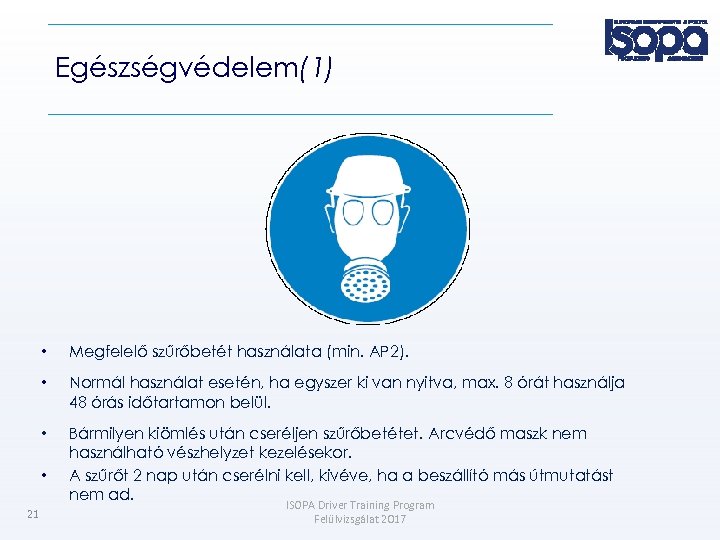 Egészségvédelem(1) • Megfelelő szűrőbetét használata (min. AP 2). • Normál használat esetén, ha egyszer