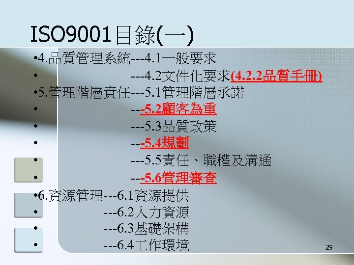 ISO 9001目錄(一) • 4. 品質管理系統---4. 1一般要求 • ---4. 2文件化要求(4. 2. 2品質手冊) • 5. 管理階層責任---5.