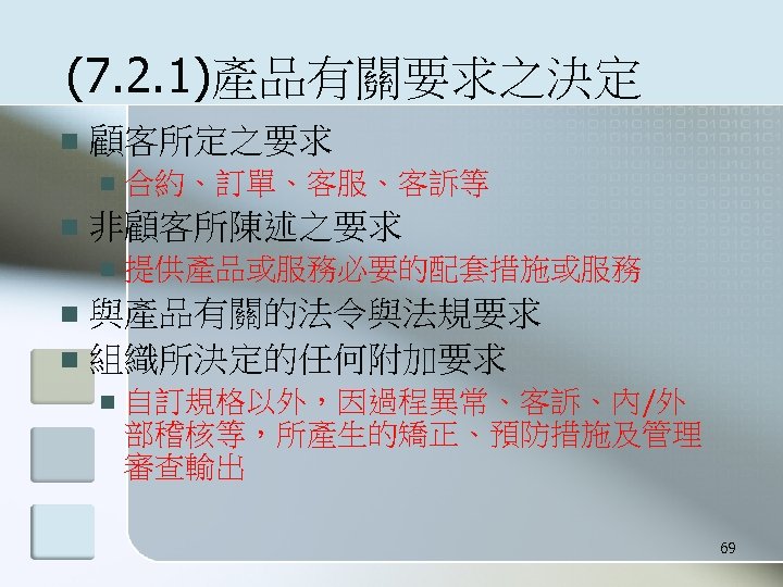 (7. 2. 1)產品有關要求之決定 n 顧客所定之要求 n n 合約、訂單、客服、客訴等 非顧客所陳述之要求 n 提供產品或服務必要的配套措施或服務 與產品有關的法令與法規要求 n 組織所決定的任何附加要求