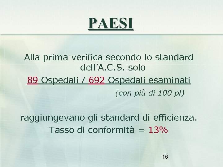 PAESI Alla prima verifica secondo lo standard dell’A. C. S. solo 89 Ospedali /