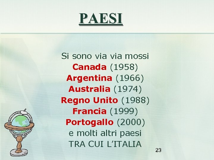 PAESI Si sono via mossi Canada (1958) Argentina (1966) Australia (1974) Regno Unito (1988)