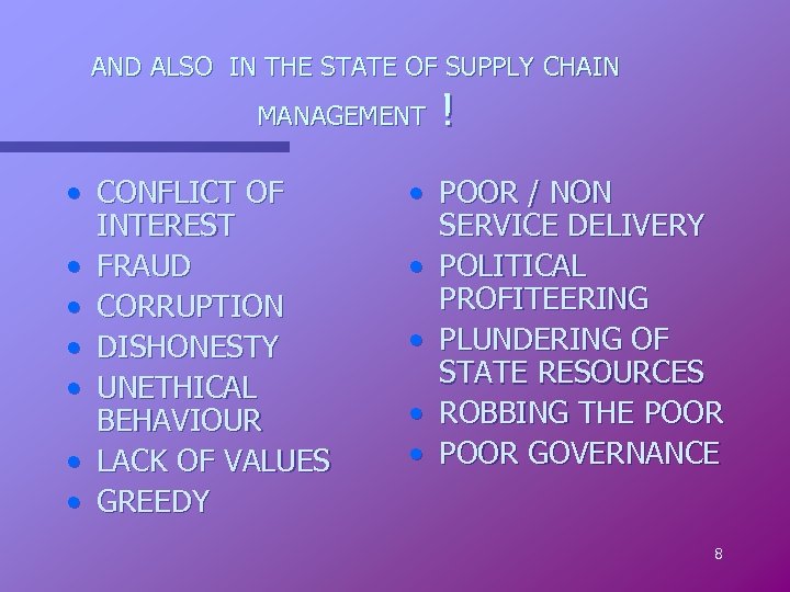 AND ALSO IN THE STATE OF SUPPLY CHAIN MANAGEMENT • CONFLICT OF INTEREST •