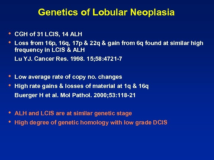 Genetics of Lobular Neoplasia • • CGH of 31 LCIS, 14 ALH Loss from