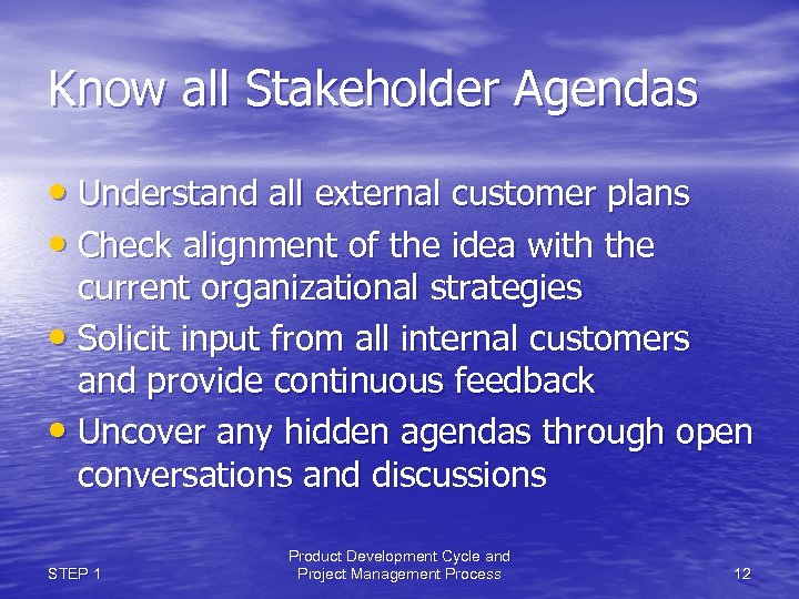 Know all Stakeholder Agendas • Understand all external customer plans • Check alignment of