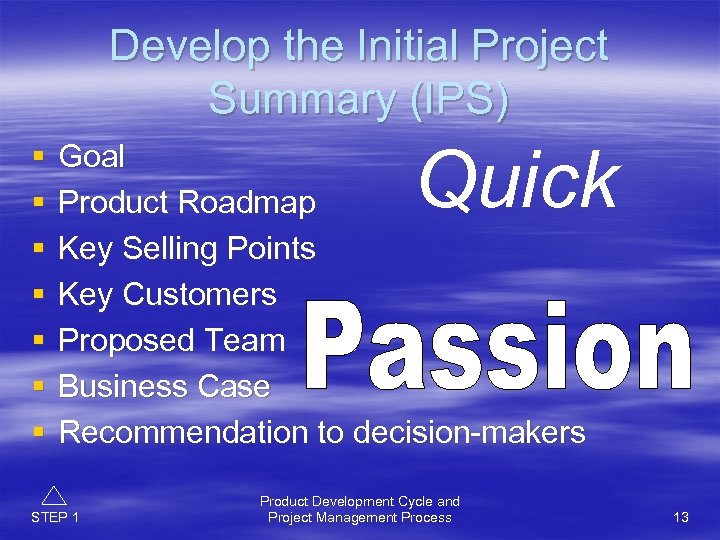Develop the Initial Project Summary (IPS) § § § § Quick Goal Product Roadmap