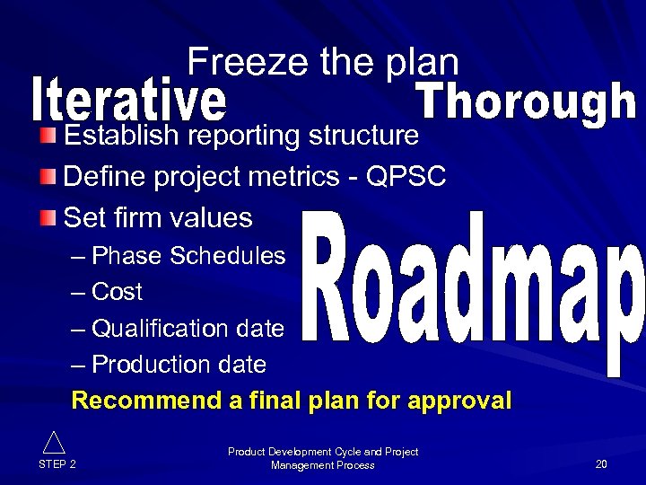 Freeze the plan Establish reporting structure Define project metrics - QPSC Set firm values