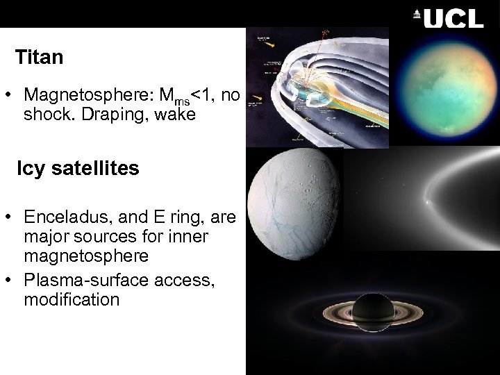 Titan • Magnetosphere: Mms<1, no shock. Draping, wake Icy satellites • Enceladus, and E