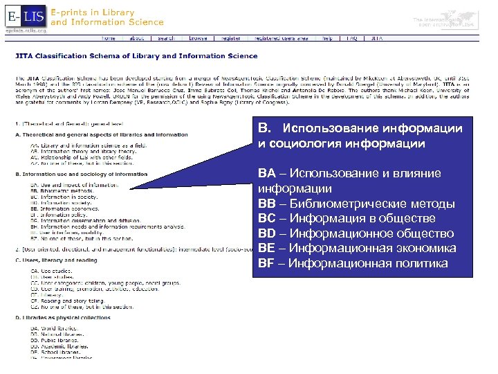 B. Использование информации и социология информации BA – Использование и влияние информации BB –