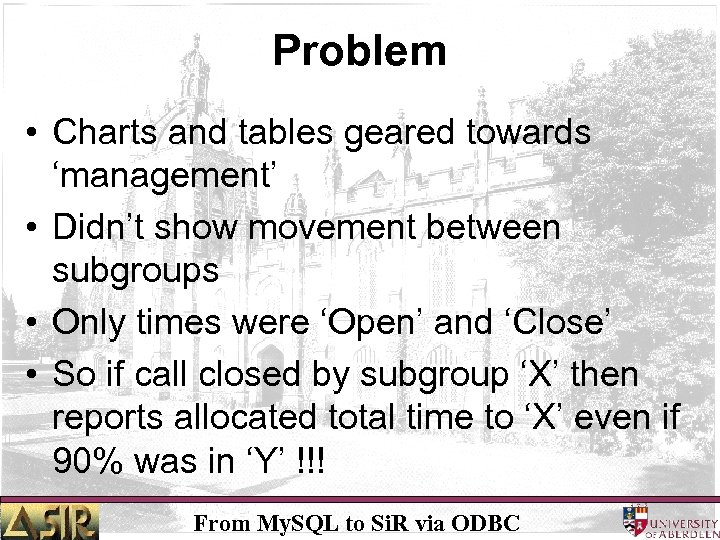 Problem • Charts and tables geared towards ‘management’ • Didn’t show movement between subgroups